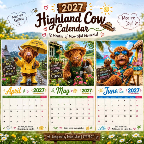 2027 Funny Highland Cow Wall Calendar | A4 Hanging Calendar | Designed by Isabel Kline