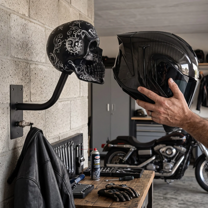 TYIIPRO™ Skull Motorcycle Helmet Holder – Punk Skull Wall Mount Rack for Helmets, Jackets & Garage Decor