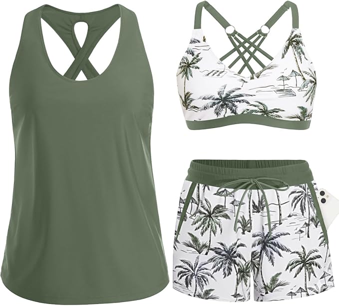 Women's 3-Piece Tankini Swimsuit Set with Pocket Shorts