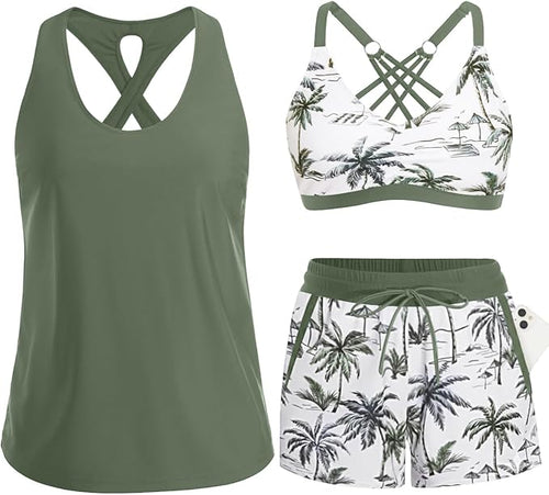 Women's 3-Piece Tankini Swimsuit Set with Pocket Shorts