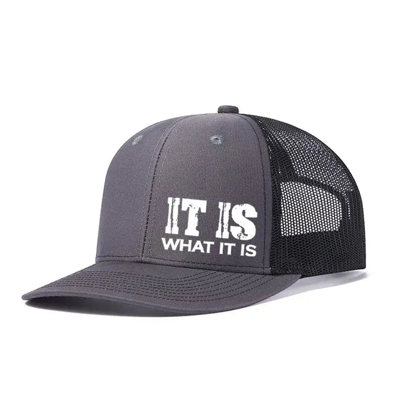 IT IS WHAT IT IS Printed Mesh Trucker Hat - Adjustable, Breathable Baseball Cap for Casual Outdoor Use, Unisex Sun Protection