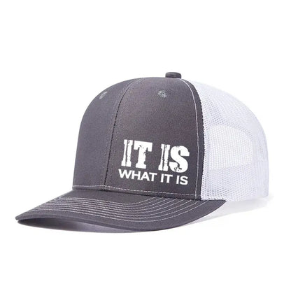 IT IS WHAT IT IS Printed Mesh Trucker Hat - Adjustable, Breathable Baseball Cap for Casual Outdoor Use, Unisex Sun Protection