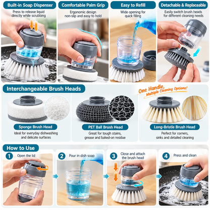 Soap Dispensing Palm Brush with Interchangeable Heads – Refillable Dish Scrubber for Kitchen Cleaning