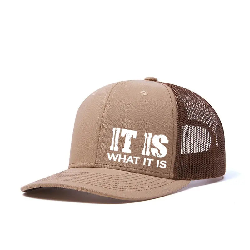 IT IS WHAT IT IS Printed Mesh Trucker Hat - Adjustable, Breathable Baseball Cap for Casual Outdoor Use, Unisex Sun Protection