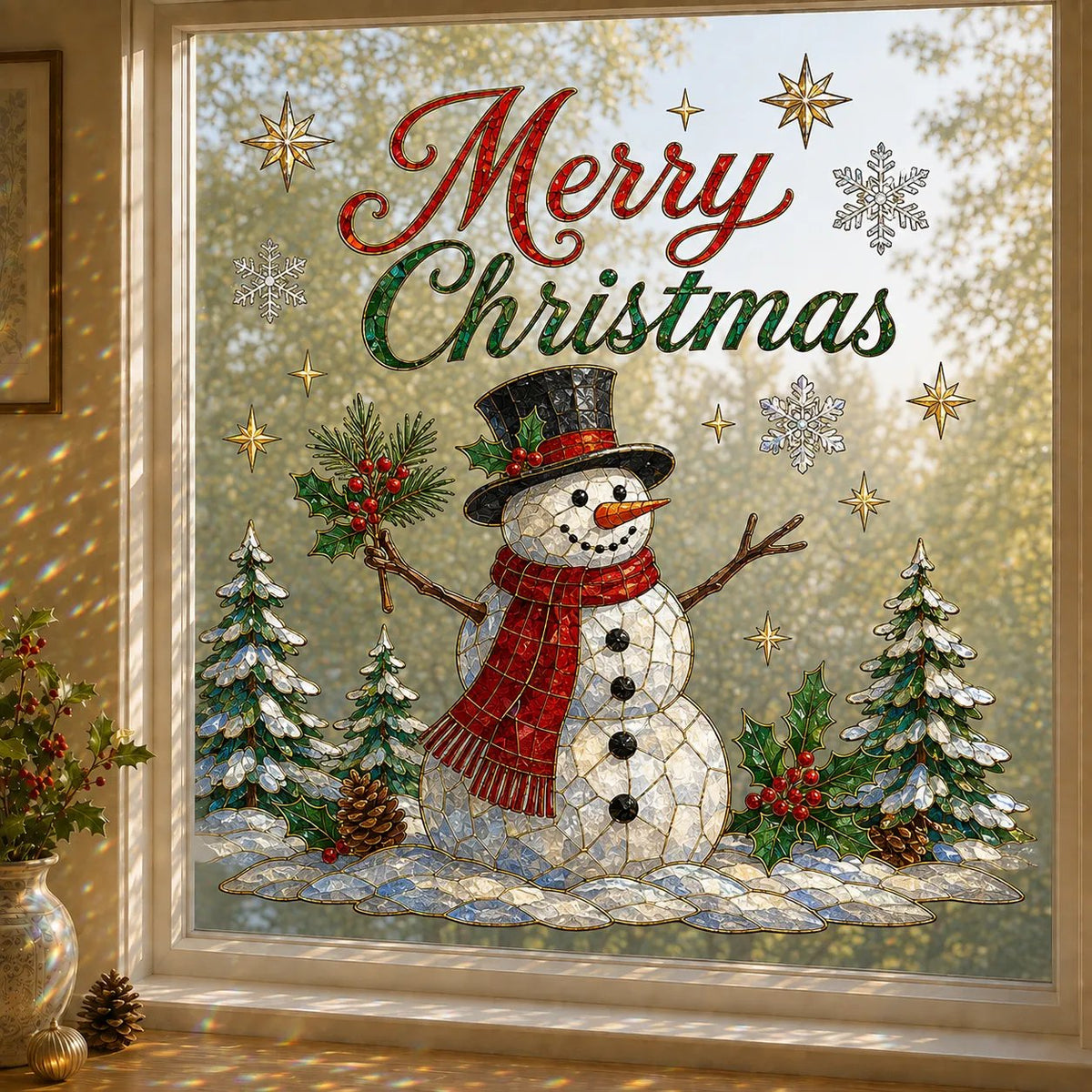 ✨ Holographic Christmas Window Cling – Sparkling Stained Glass Style Window Decoration