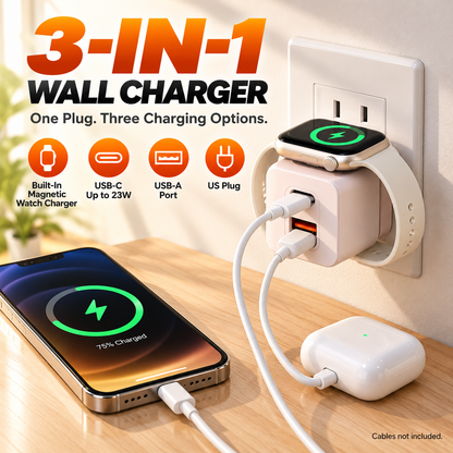 3-in-1 Wall Charger with Built-In Magnetic Watch Charger – 23W USB-C & USB-A Ports, US Plug