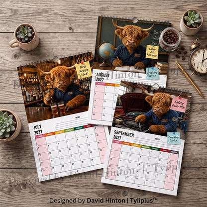 2027 Funny Highland Cow Wall Calendar | A4 Hanging Calendar | Designed by Isabel Kline