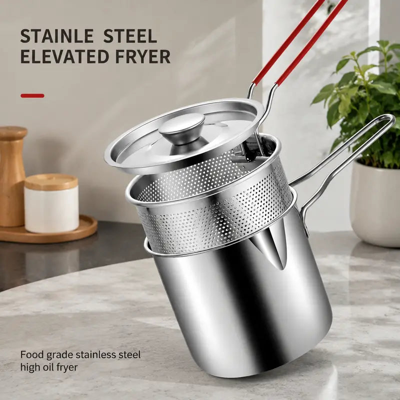 2026🍟 Personal Mini Deep Fryer Set – 304 Stainless Steel Pot with Lift-Out Draining Basket & Food Tongs