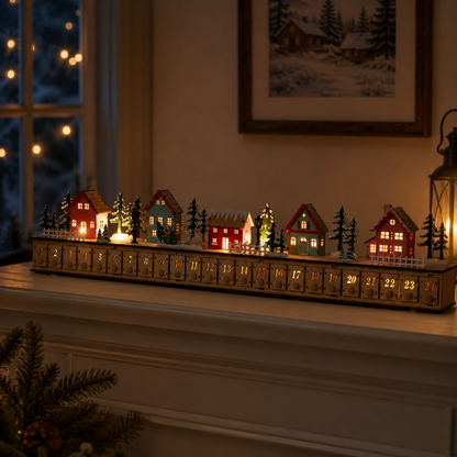 TYIIPRO™ Home Reflections Christmas Village Advent Calendar – DIY Wooden Countdown Decoration with LED Lights, Music & 24 Gift Drawers