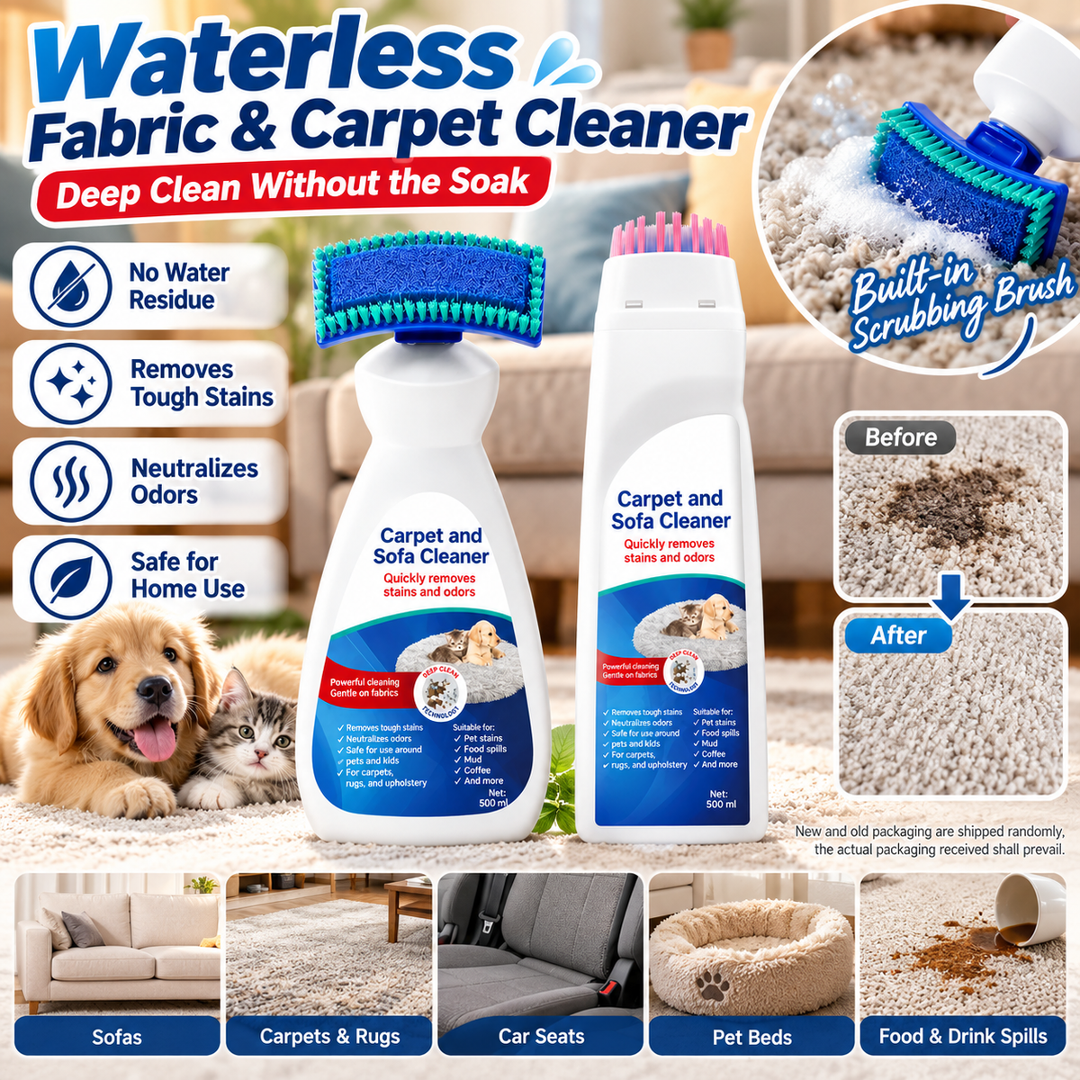 Waterless Fabric & Carpet Cleaner – Deep Cleaning Foam with Scrubbing Applicator