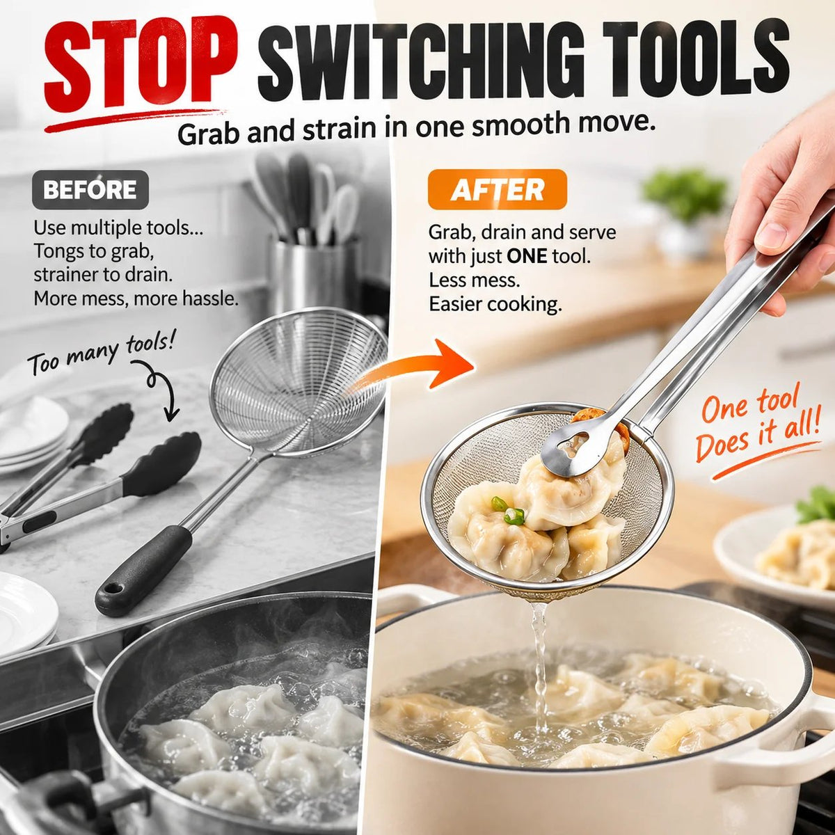 🔥Tyiipro™ 2-in-1 Stainless Steel Strainer Tongs – Grab, Drain & Serve with One Tool