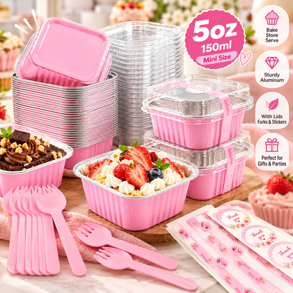 🧁5oz Mini Aluminum Foil Cake Pans with Lids, Forks & Stickers