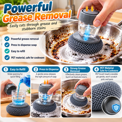 Soap Dispensing Palm Brush with Interchangeable Heads – Refillable Dish Scrubber for Kitchen Cleaning