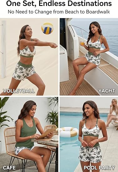 Women's 3-Piece Tankini Swimsuit Set with Pocket Shorts