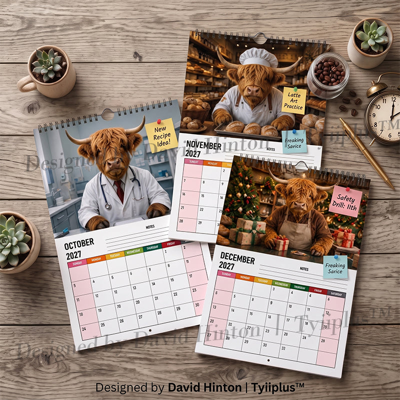 2027 Funny Highland Cow Wall Calendar | A4 Hanging Calendar | Designed by Isabel Kline