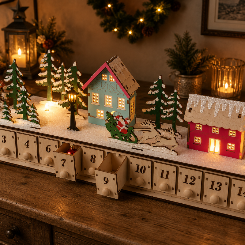 TYIIPRO™ Home Reflections Christmas Village Advent Calendar – DIY Wooden Countdown Decoration with LED Lights, Music & 24 Gift Drawers