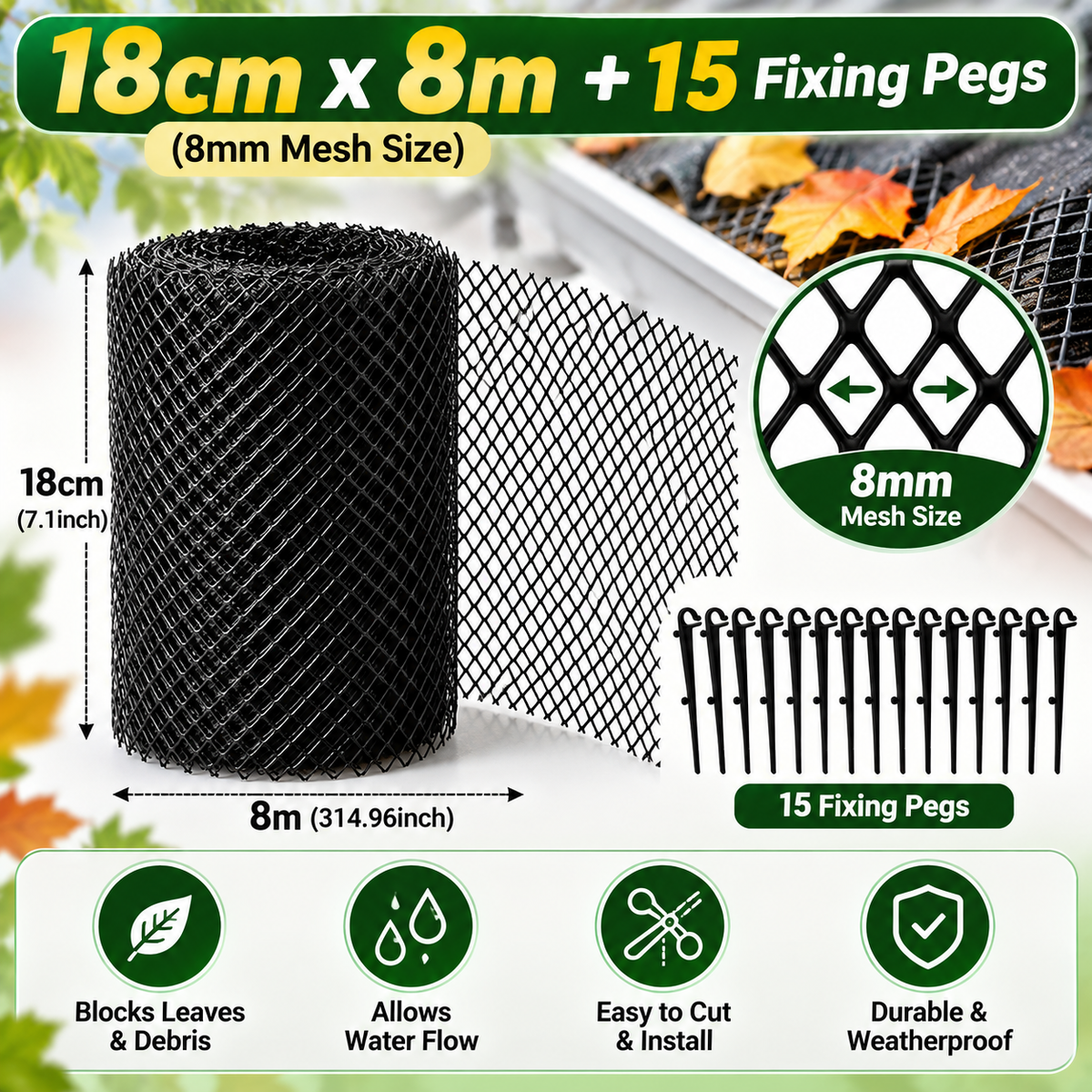Gutter Guard Mesh Roll – Leaf Filter Net with Fixing Pegs