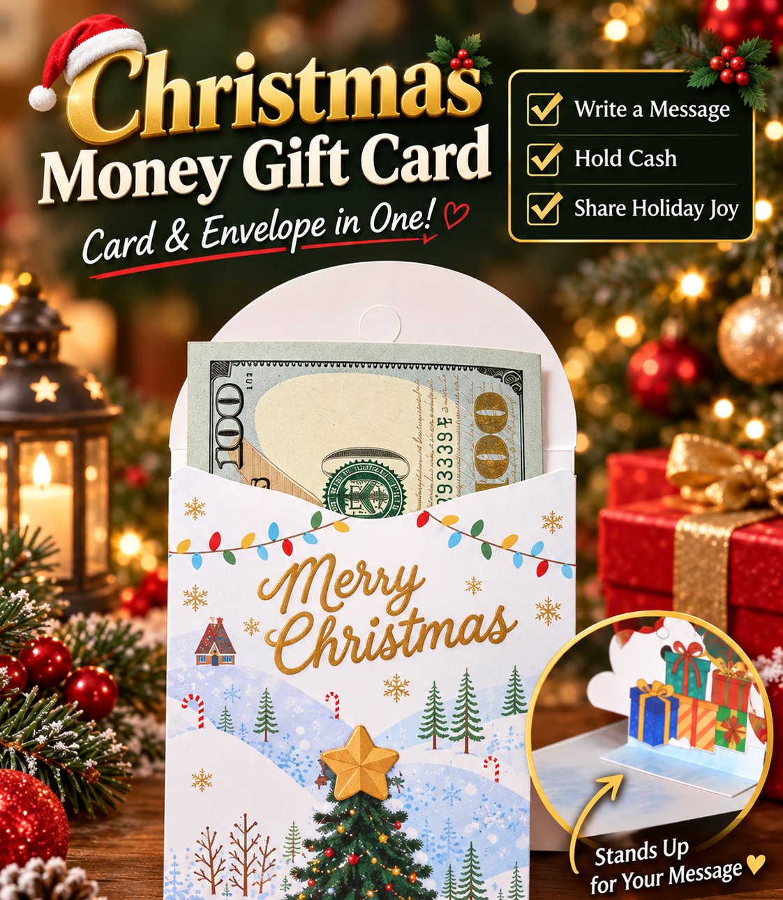 2-Pack 3D Christmas Money Cards – Handmade Pop-Up Holiday Cards with Cash Pocket & Message Space