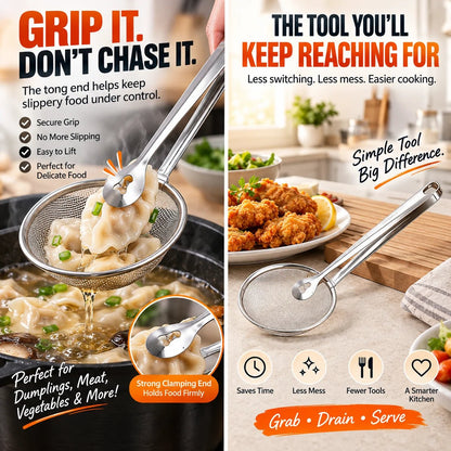 🔥Tyiipro™ 2-in-1 Stainless Steel Strainer Tongs – Grab, Drain & Serve with One Tool