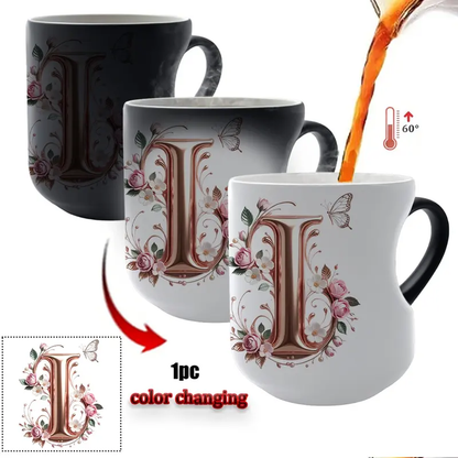 TYII™ Personalized Initial Color-Changing Mug – Heat-Reactive Floral Coffee Cup with Heart Handle, A–Z