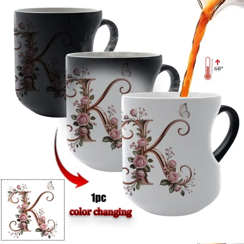 TYII™ Personalized Initial Color-Changing Mug – Heat-Reactive Floral Coffee Cup with Heart Handle, A–Z