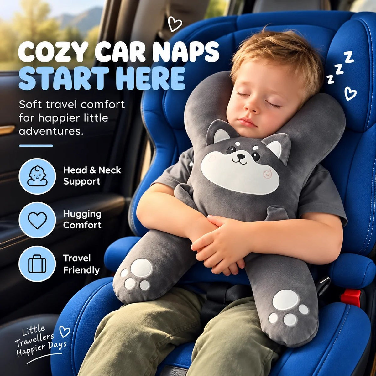 Tyiipro™ Kids Full-Body Car Travel Pillow – Cute Animal Travel Cushion for Road Trips & Naps