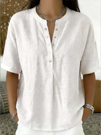 Women's Casual Henley Collar Linen & Cotton Short-Sleeve Shirt