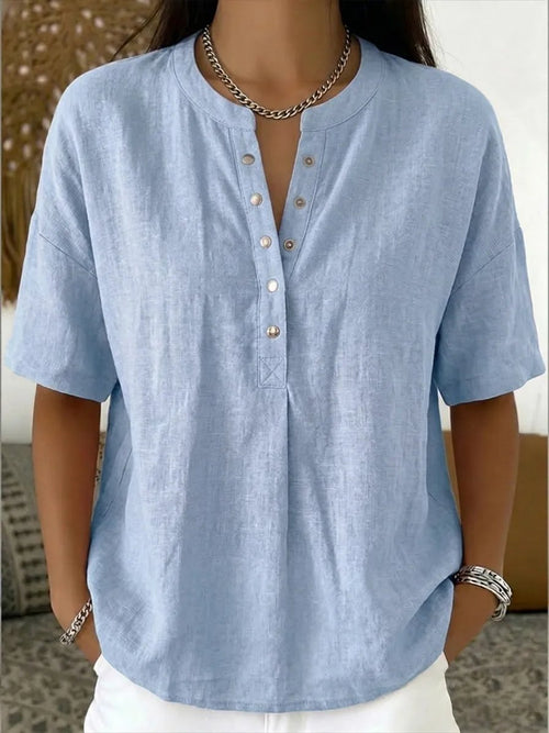 Women's Casual Henley Collar Linen & Cotton Short-Sleeve Shirt