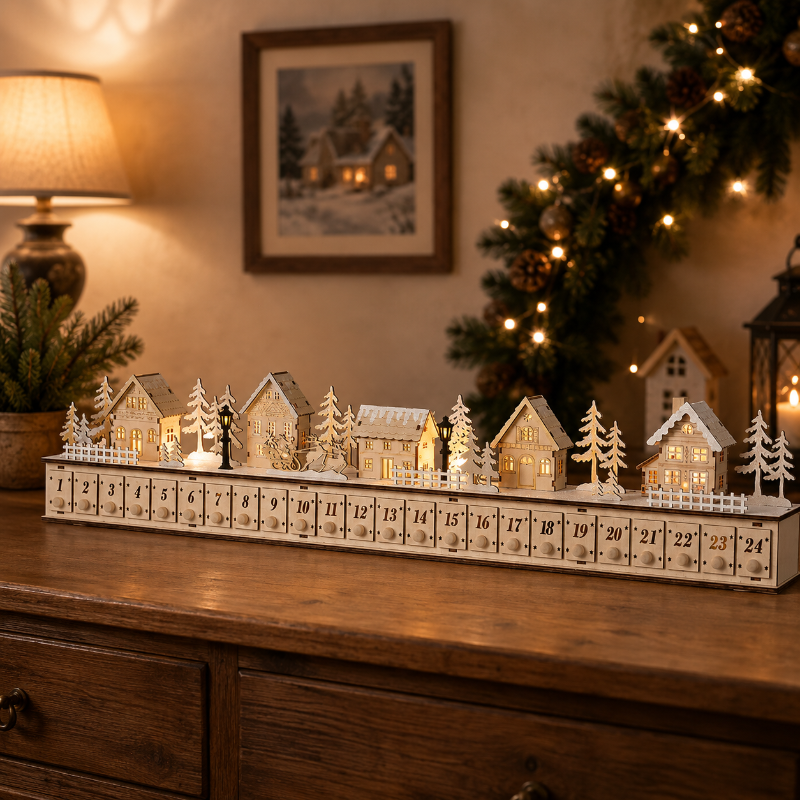 TYIIPRO™ Home Reflections Christmas Village Advent Calendar – DIY Wooden Countdown Decoration with LED Lights, Music & 24 Gift Drawers