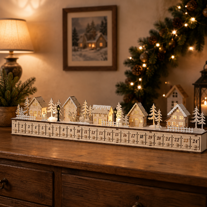 TYIIPRO™ Home Reflections Christmas Village Advent Calendar – DIY Wooden Countdown Decoration with LED Lights, Music & 24 Gift Drawers