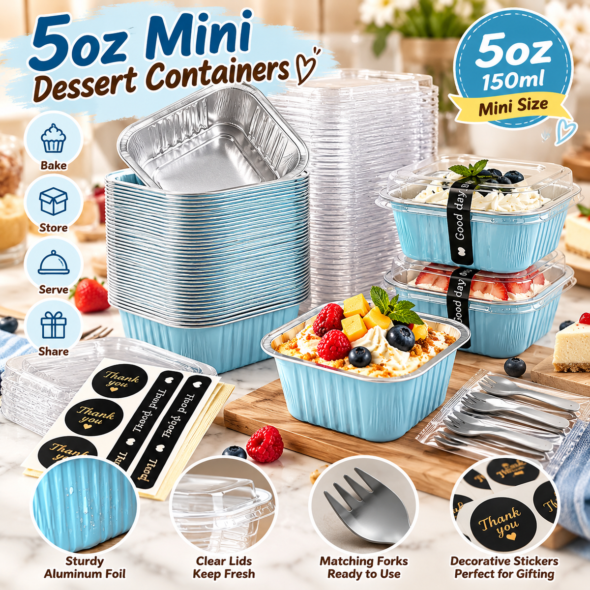 🧁5oz Mini Aluminum Foil Cake Pans with Lids, Forks & Stickers