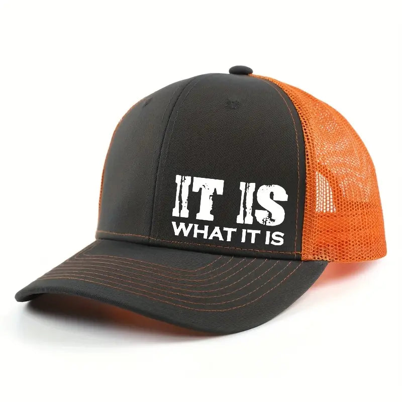 IT IS WHAT IT IS Printed Mesh Trucker Hat - Adjustable, Breathable Baseball Cap for Casual Outdoor Use, Unisex Sun Protection