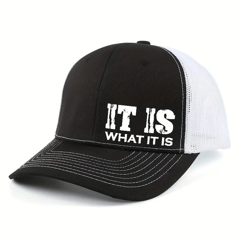 IT IS WHAT IT IS Printed Mesh Trucker Hat - Adjustable, Breathable Baseball Cap for Casual Outdoor Use, Unisex Sun Protection