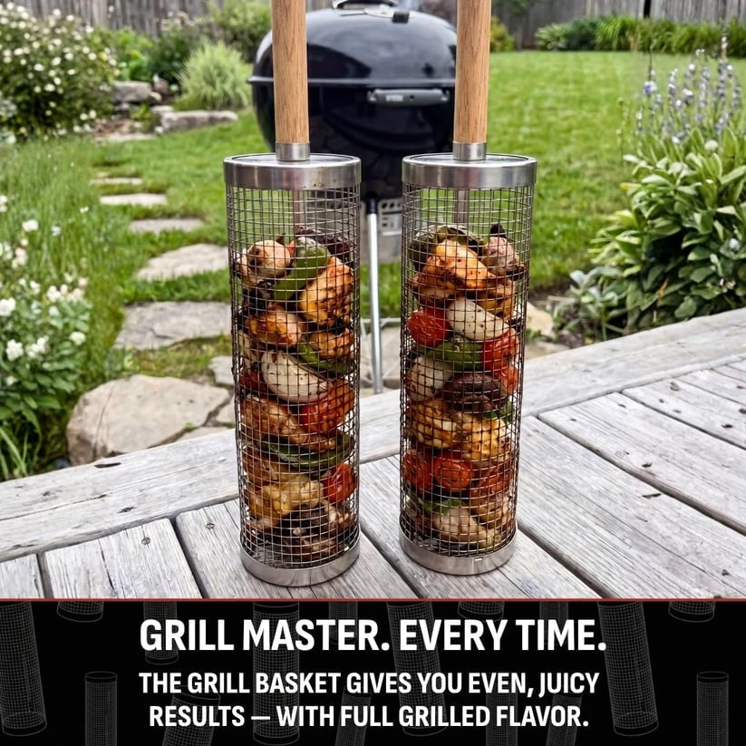 304 Stainless Steel Rolling Grill Basket with Heat Resistant Handle – BBQ Basket for Vegetables, Shrimp & Small Foods