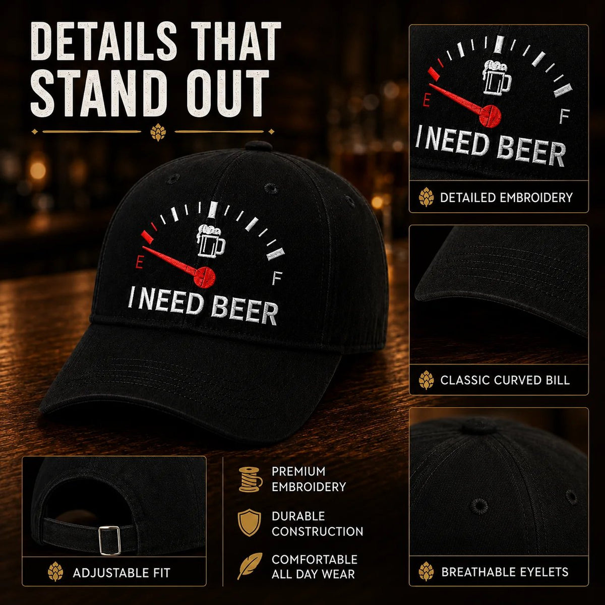 🍺 ‘I NEED BEER’  Embroidered Baseball Cap – Unisex Adjustable Washed Vintage Hat