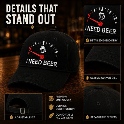 🍺 ‘I NEED BEER’  Embroidered Baseball Cap – Unisex Adjustable Washed Vintage Hat