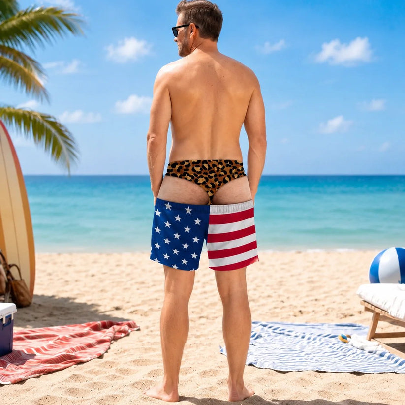 😄Funny Leopard‐Print Fake Denim Swim Shorts | Novelty Illusion Beach Trunks