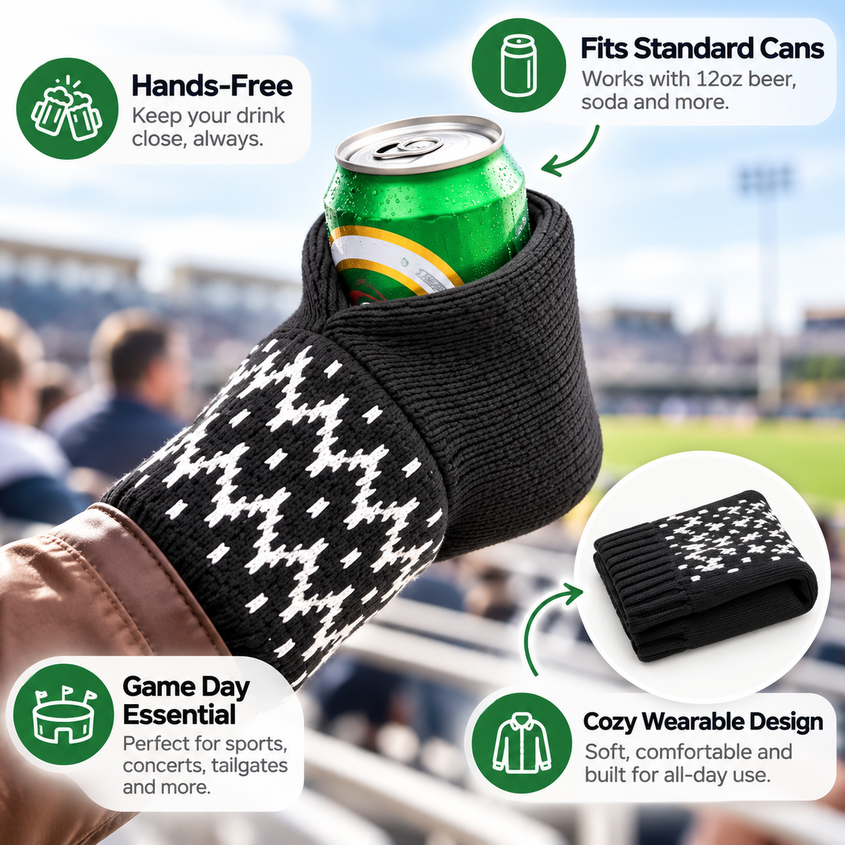 Hands-Free Wearable Can Holder – Cozy Knit Drink Sleeve for Game Day