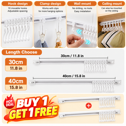 Punch-Free Sliding Track Hooks – Adjustable Wall-Mounted Organizer for Kitchen & Bathroom