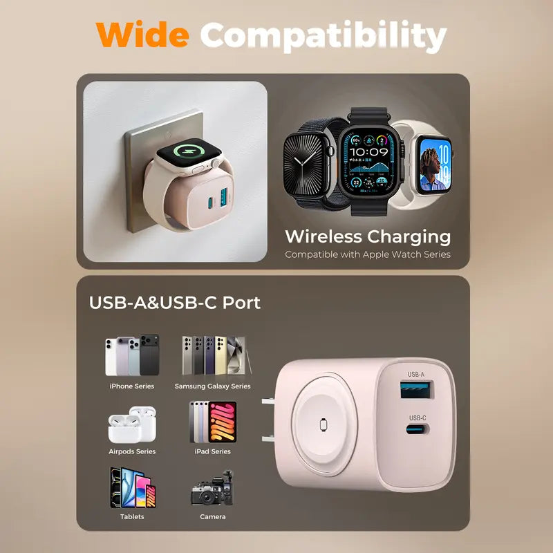 3-in-1 Wall Charger with Built-In Magnetic Watch Charger – 23W USB-C & USB-A Ports, US Plug