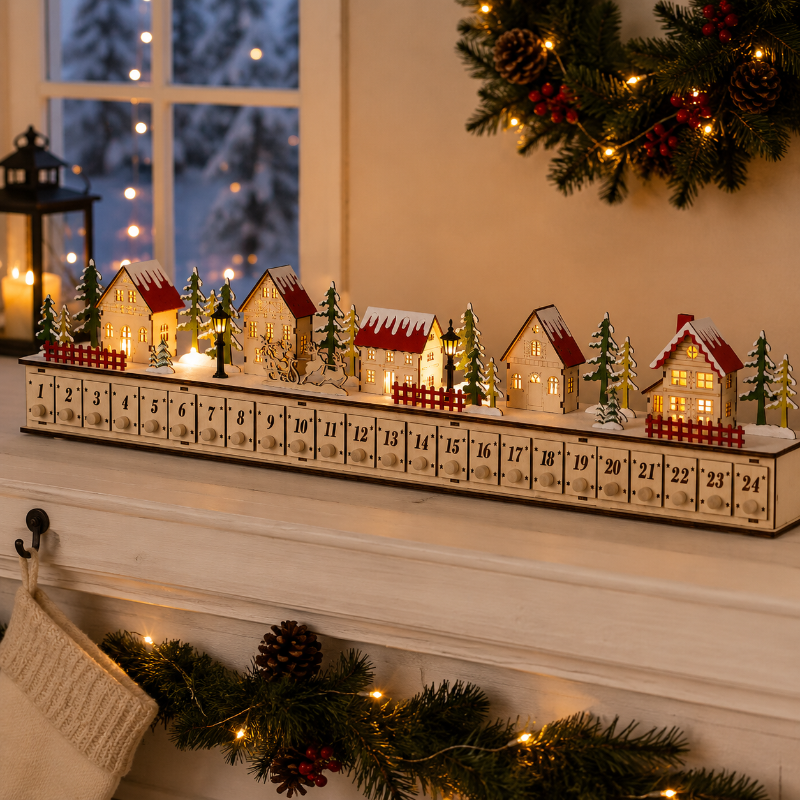 TYIIPRO™ Home Reflections Christmas Village Advent Calendar – DIY Wooden Countdown Decoration with LED Lights, Music & 24 Gift Drawers