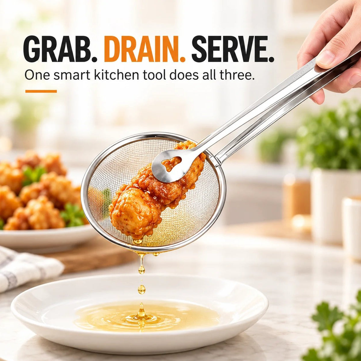 🔥Tyiipro™ 2-in-1 Stainless Steel Strainer Tongs – Grab, Drain & Serve with One Tool