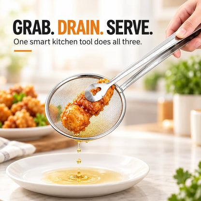 🔥Tyiipro™ 2-in-1 Stainless Steel Strainer Tongs – Grab, Drain & Serve with One Tool