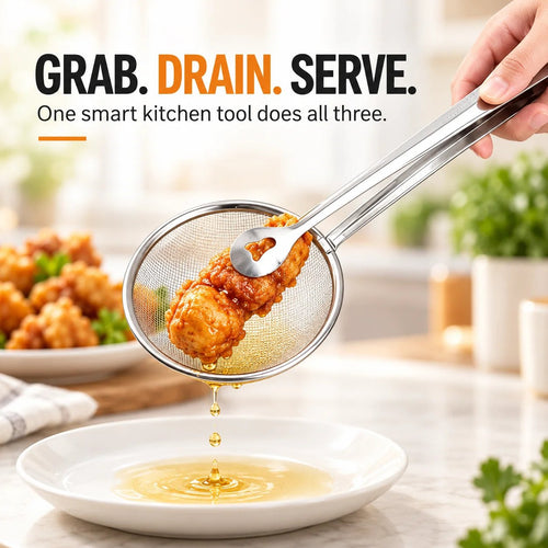 🔥Tyiipro™ 2-in-1 Stainless Steel Strainer Tongs – Grab, Drain & Serve with One Tool