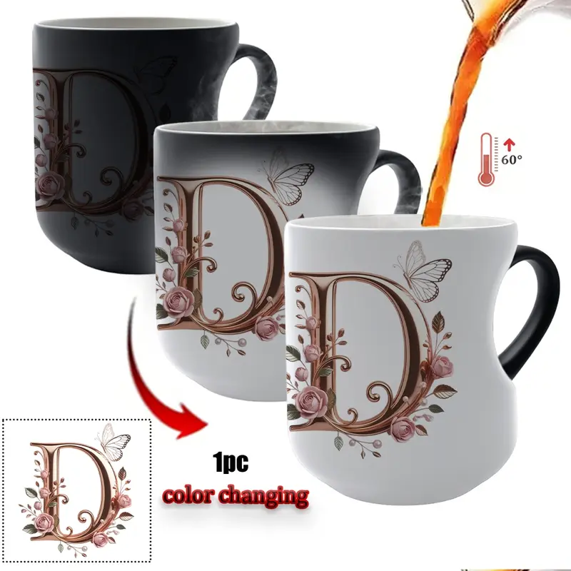 TYII™ Personalized Initial Color-Changing Mug – Heat-Reactive Floral Coffee Cup with Heart Handle, A–Z
