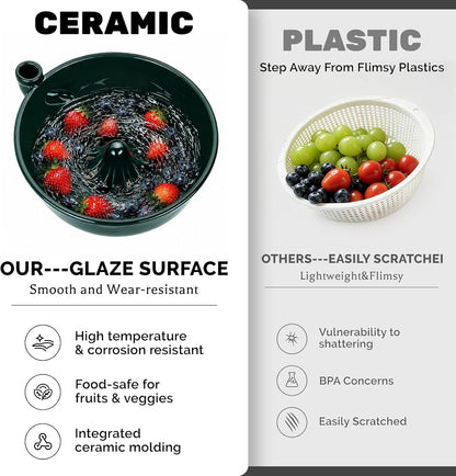Handmade Ceramic Vortex Berry Washing Bowl – Self-Flowing Fruit Washer & Colander