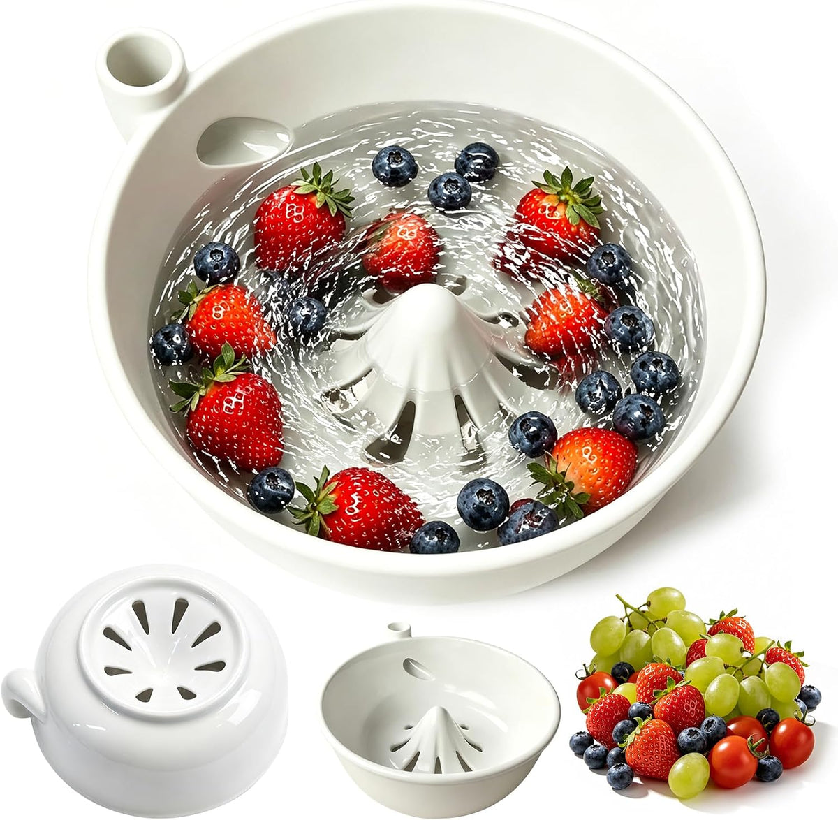 Handmade Ceramic Vortex Berry Washing Bowl – Self-Flowing Fruit Washer & Colander