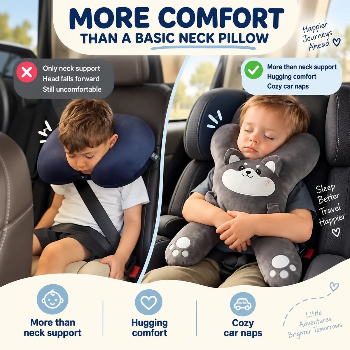 Tyiipro™ Kids Full-Body Car Travel Pillow – Cute Animal Travel Cushion for Road Trips & Naps