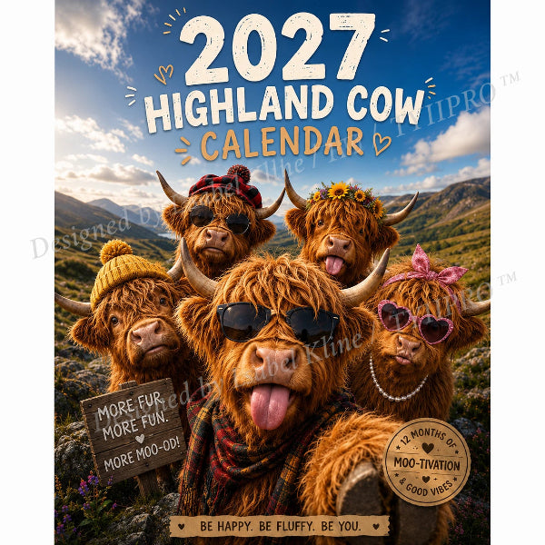 2027 Funny Highland Cow Wall Calendar | A4 Hanging Calendar | Designed by Isabel Kline