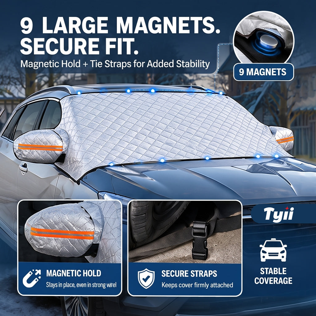 TYII™ All-Weather Magnetic Windshield Cover – Snow, Frost, Ice & Sun Protector with Side Mirror Covers